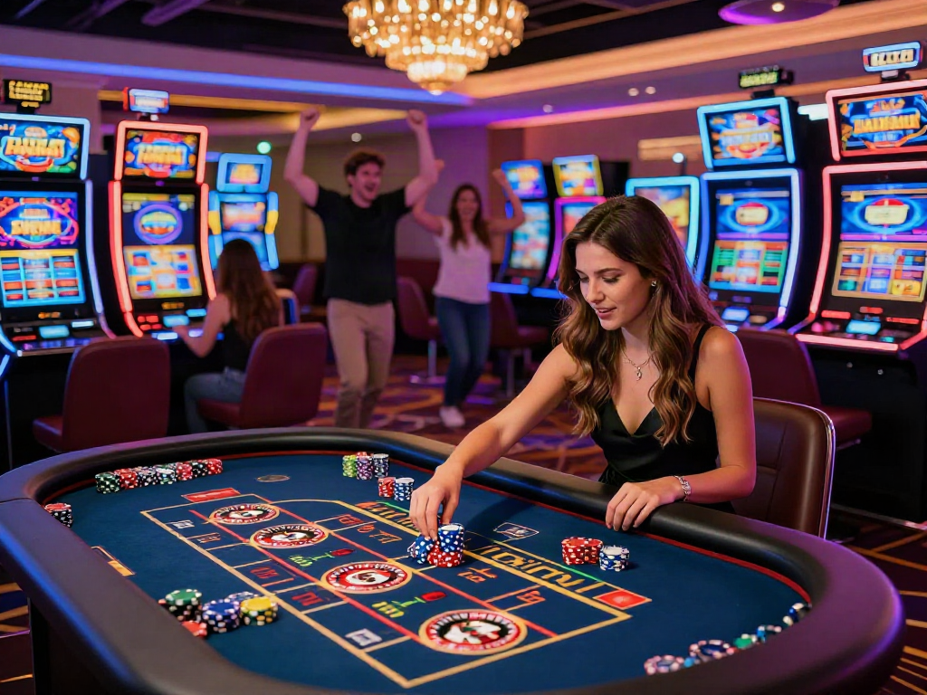 Exciting scene in an online casino not on Gamstop with players at roulette tables.