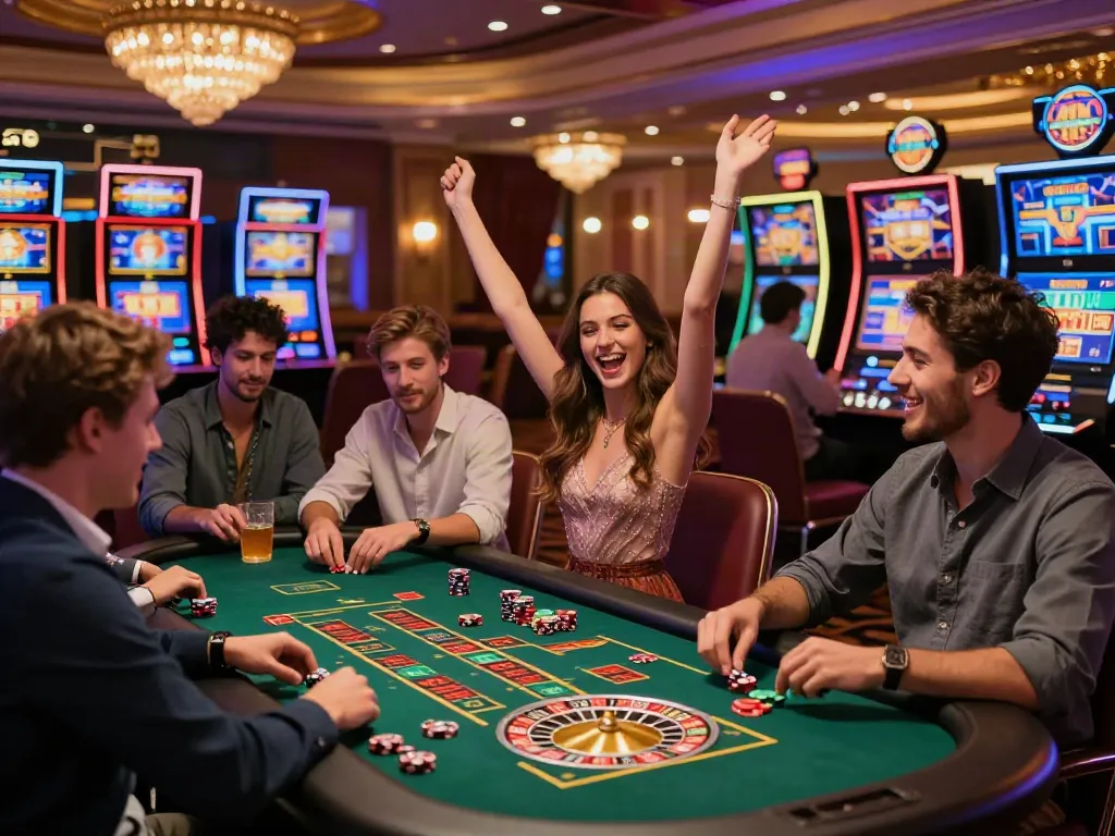 Group of friends celebrating at an online casino not on GamStop with vibrant setting and exciting atmosphere