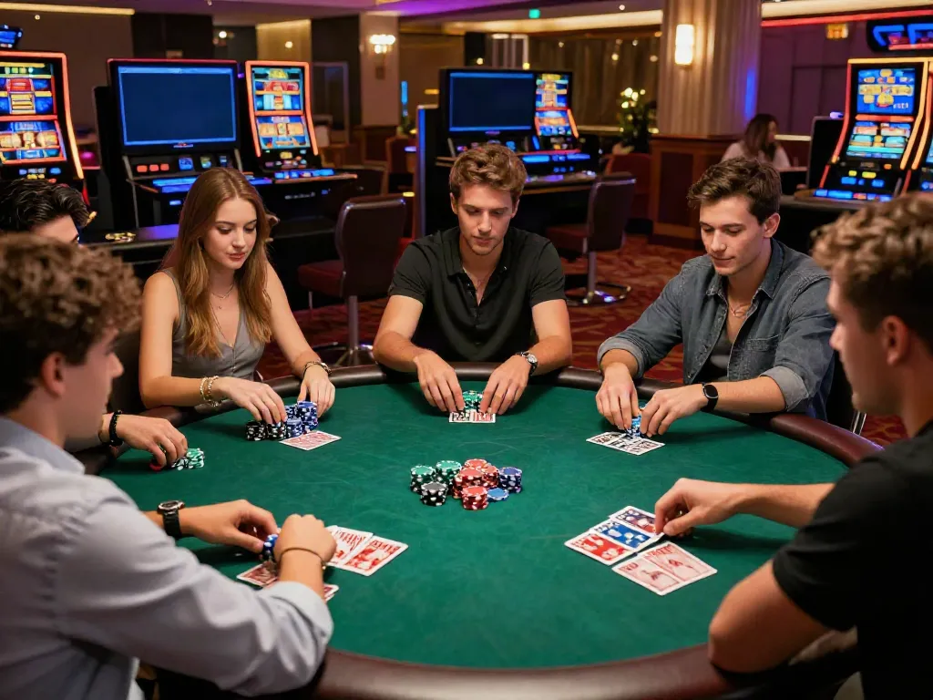 Exciting scene of friends enjoying an online casino not on gamstop with poker games and vibrant atmosphere.