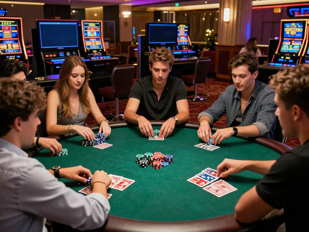 Exciting scene of friends enjoying an online casino not on gamstop with poker games and vibrant atmosphere.