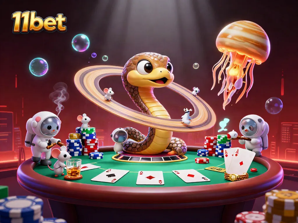 Experience excitement with 11bet, where astronaut mice wager on Saturn's roulette rings in a cosmic casino.
