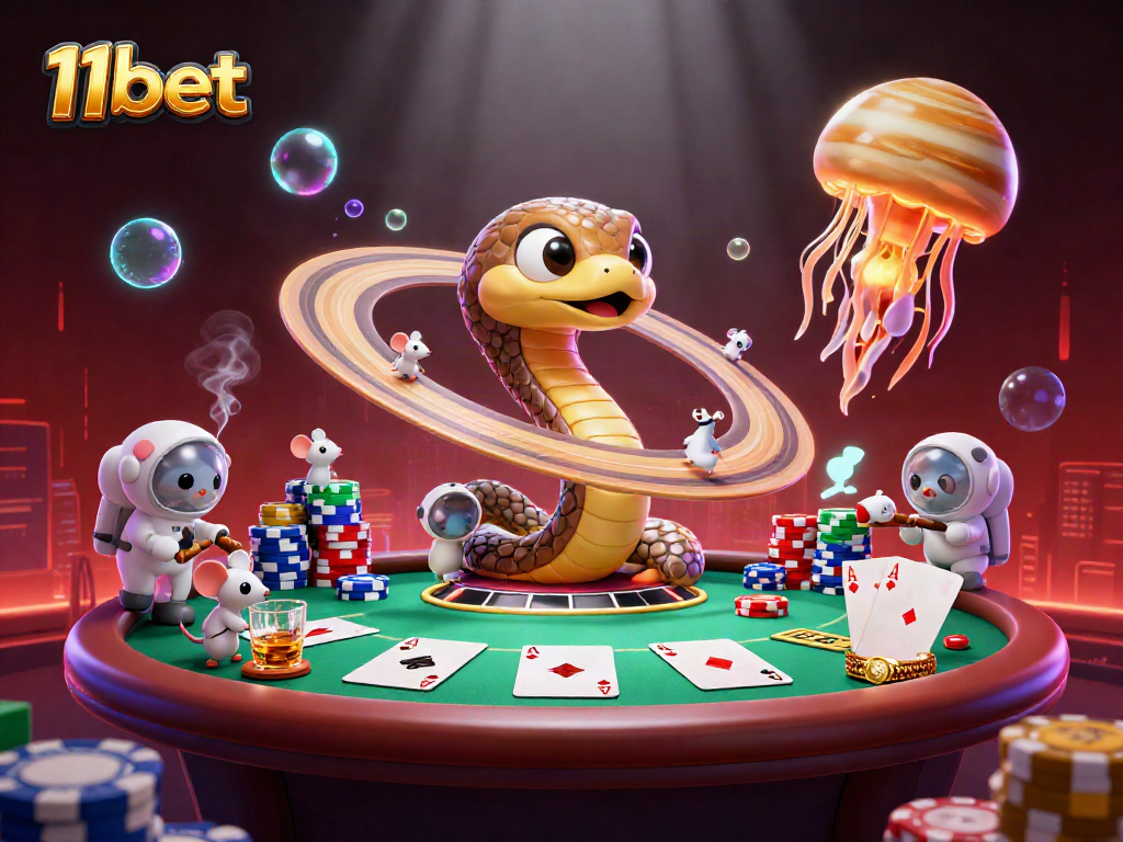 Experience excitement with 11bet, where astronaut mice wager on Saturn's roulette rings in a cosmic casino.