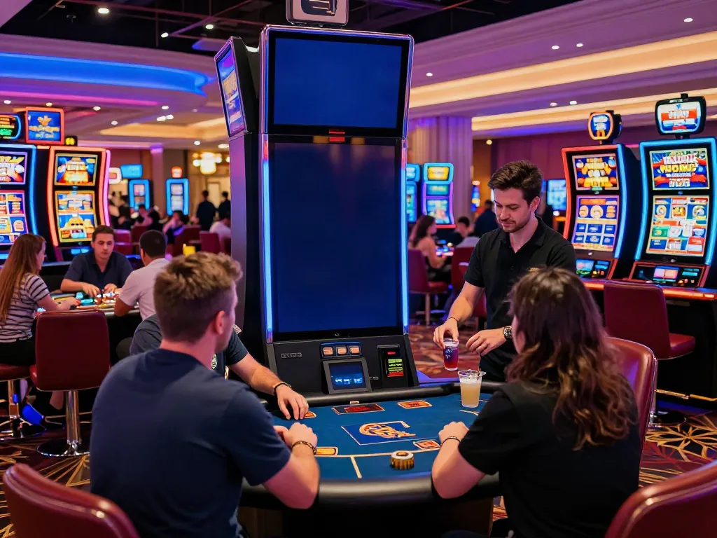 Engaging scene of an online casino not on gamstop with players at vibrant gaming tables and bright neon lights.