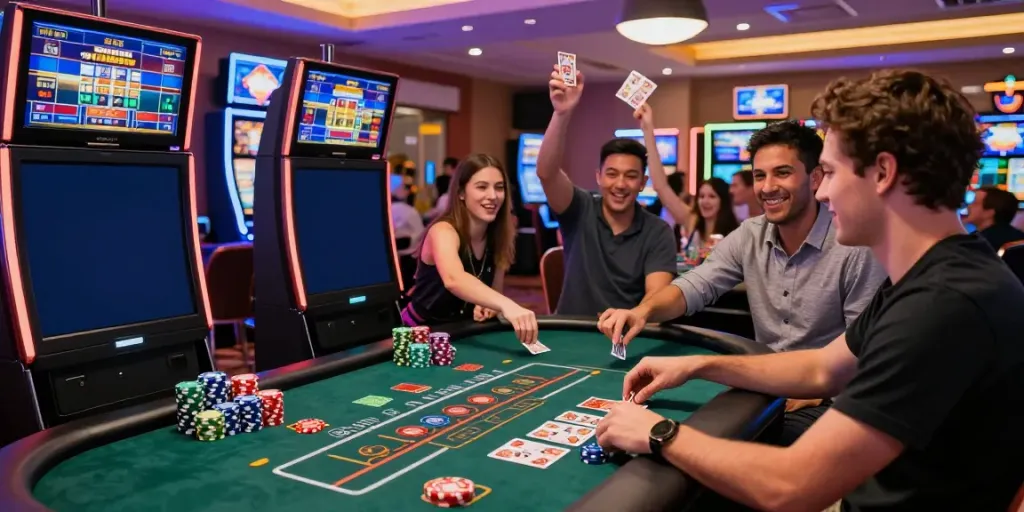 Exciting scene at an online casino not on gamstop with players engaged in lively gaming.
