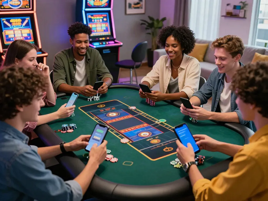 Exciting online casino not on gamstop scene with friends engaging in gaming activities and bonuses.