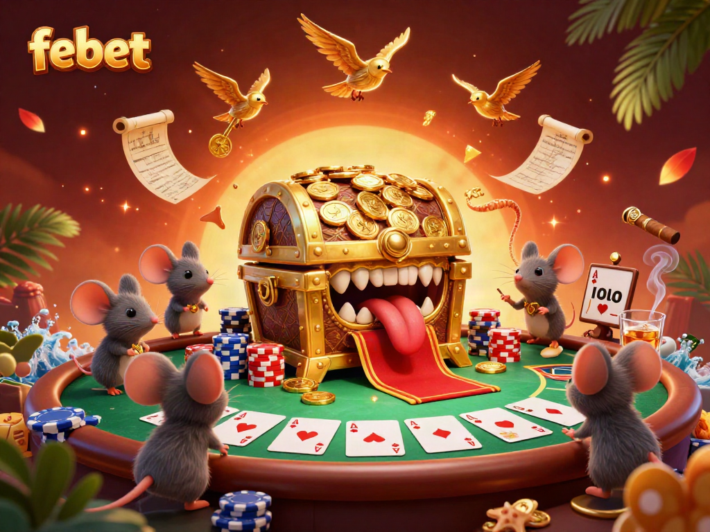 Febet casino illustration showcasing adventurous mice and a treasure chest, rich with poker elements.
