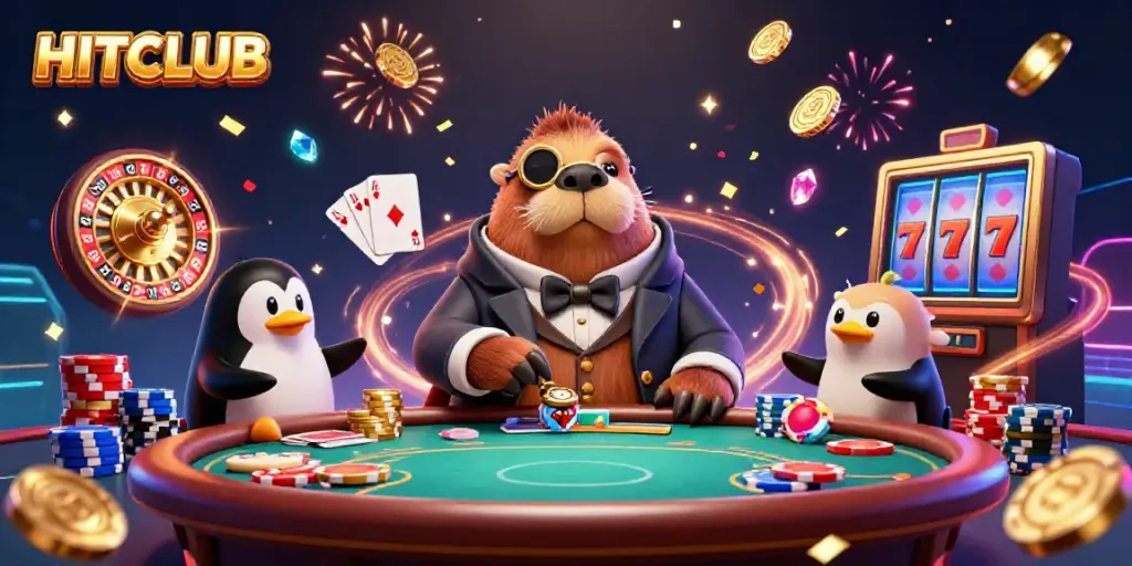 Experience thrill at HITCLUB with a sophisticated gaming scene featuring a jolly walrus and friends.