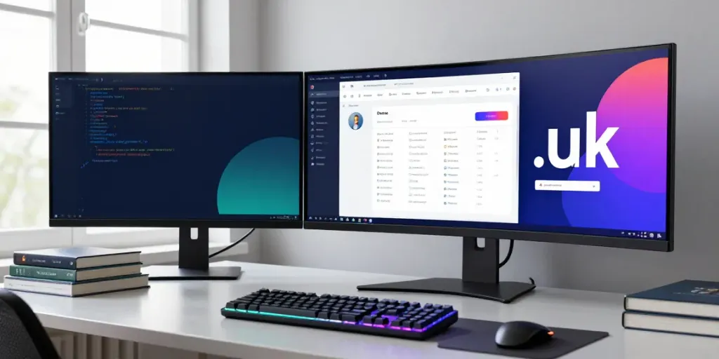 buy .uk domain options displayed on a modern developer workstation with coding tools in a bright environment