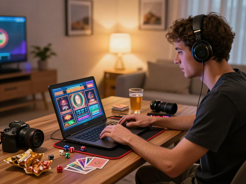 Engaging player at an online casino not on gamstop, enjoying slots with immersive lighting.