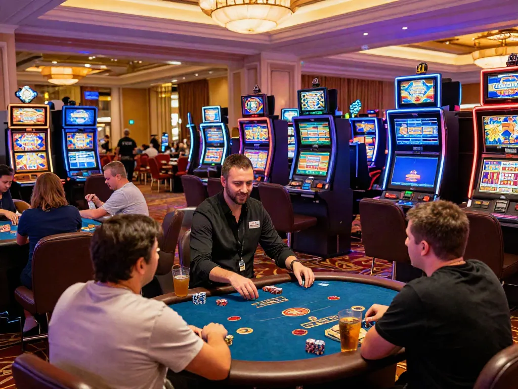 Exciting atmosphere at an online casino not on Gamstop with players engaged in games.