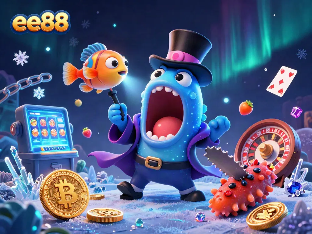 ee88 showcases a vibrant casino scene with deep-sea creatures and glowing crypto coins in a dazzling design.