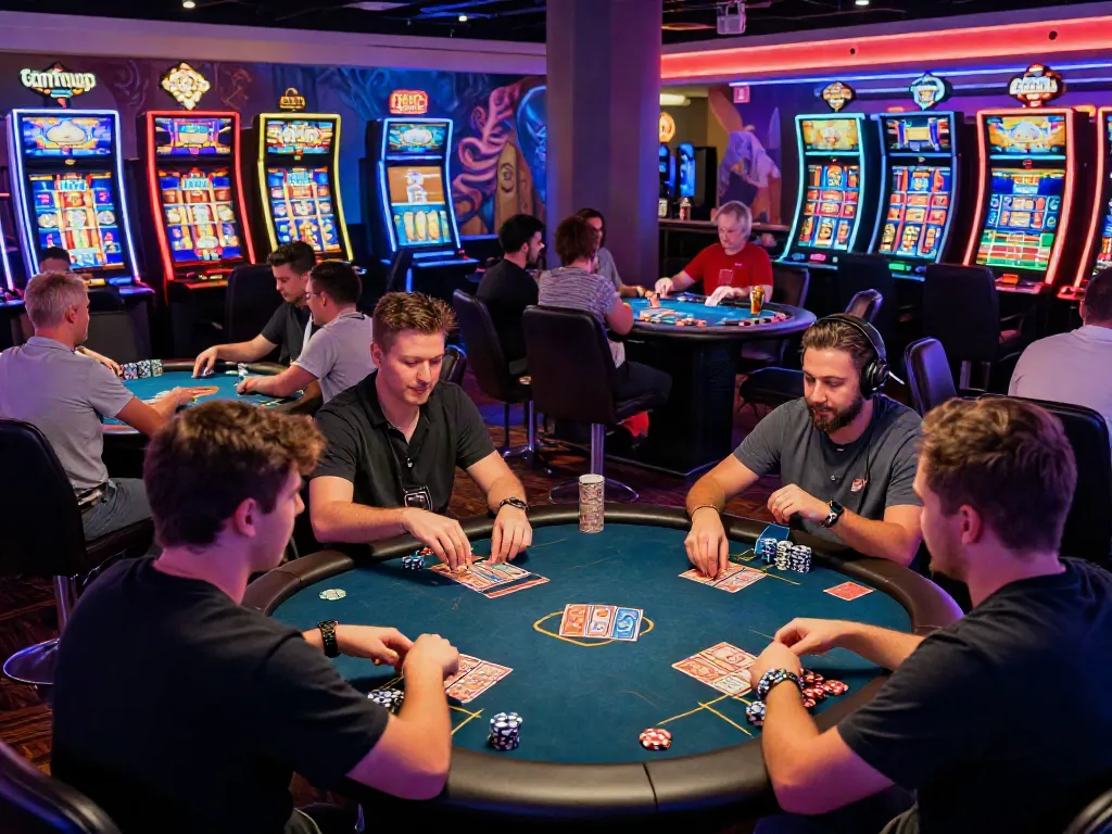 Exciting online casino not on GamStop scene with players at gaming tables and vibrant atmosphere.