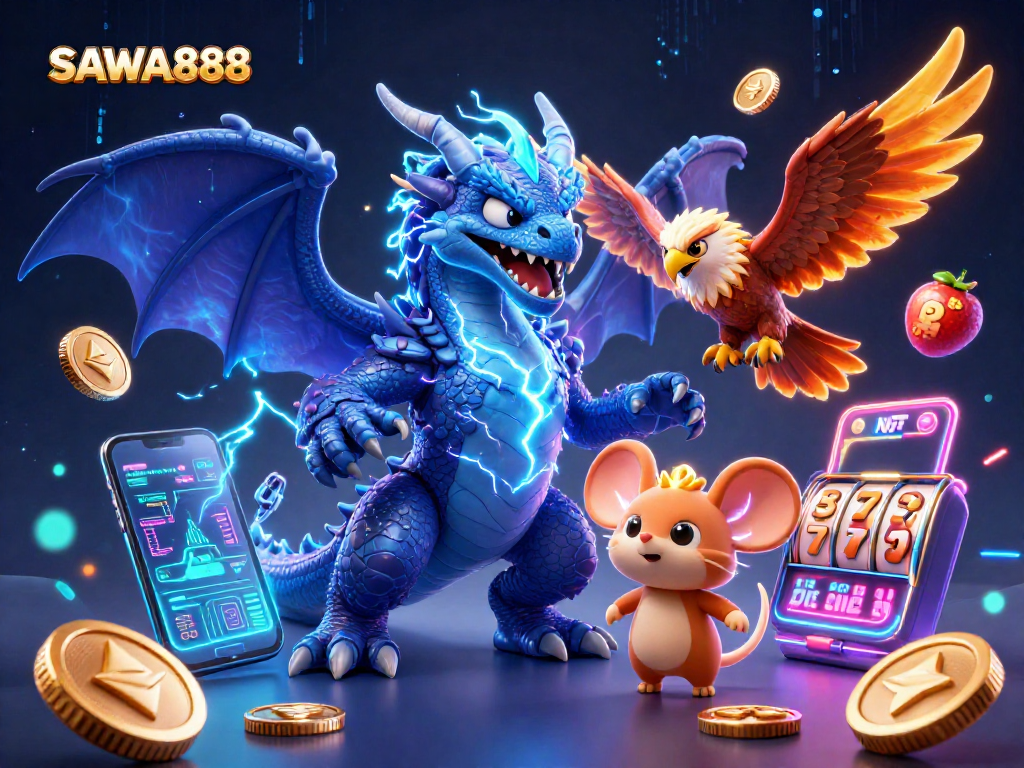 Experience SAWA888 live gaming with vibrant characters and dynamic casino elements, including slot reels.