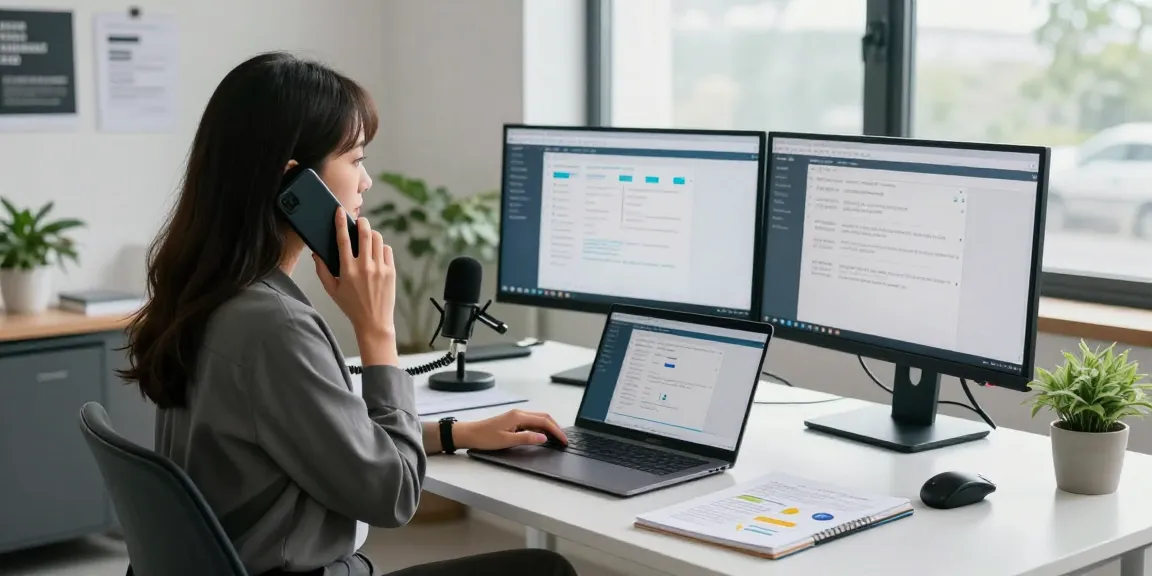 Professional woman utilizing call recording software in a modern office.