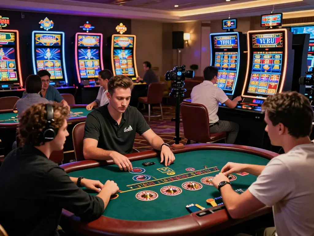 Engaging scene at an online casino not on gamstop, showcasing players at various tables in a vibrant atmosphere.