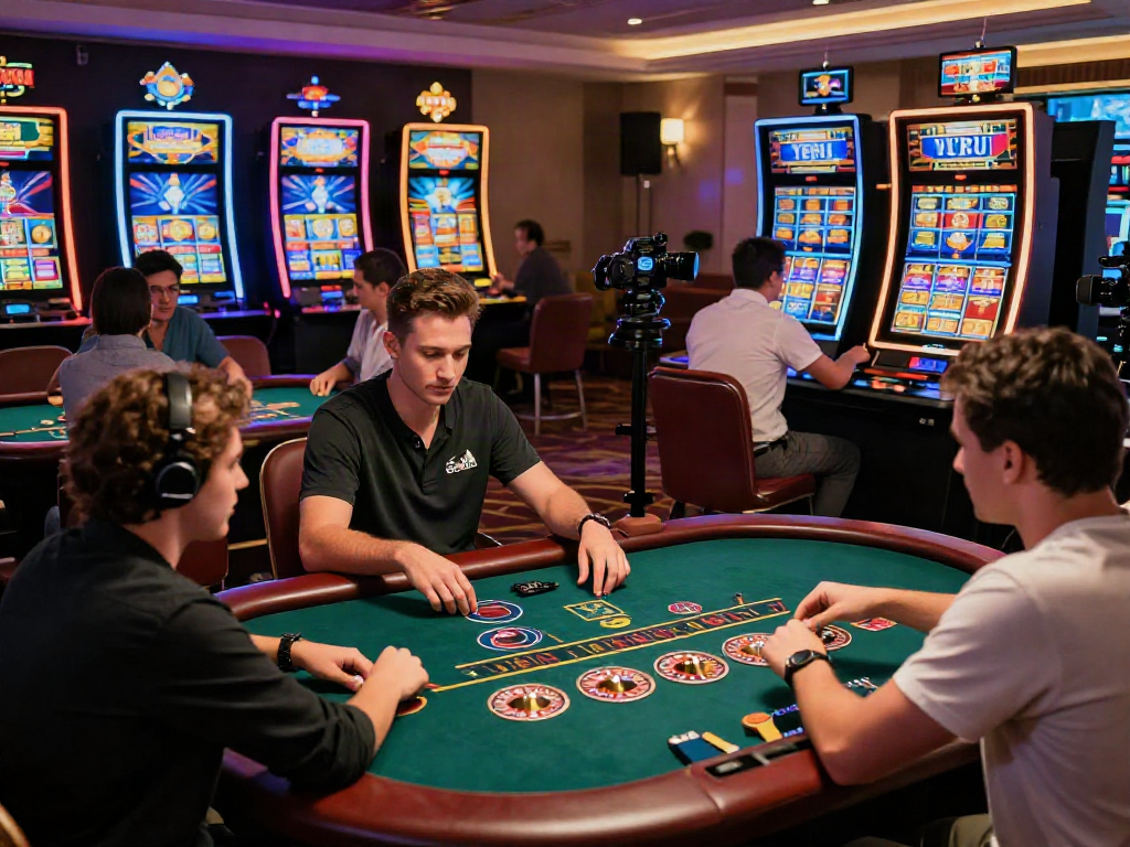 Engaging scene at an online casino not on gamstop, showcasing players at various tables in a vibrant atmosphere.