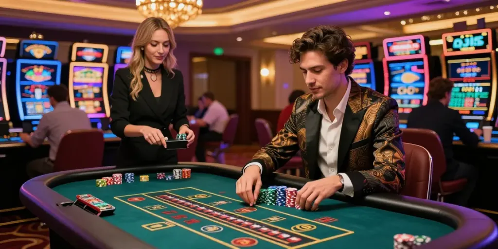 Exciting atmosphere of an online casino not on Gamstop with players enjoying roulette and engaging with dealers.