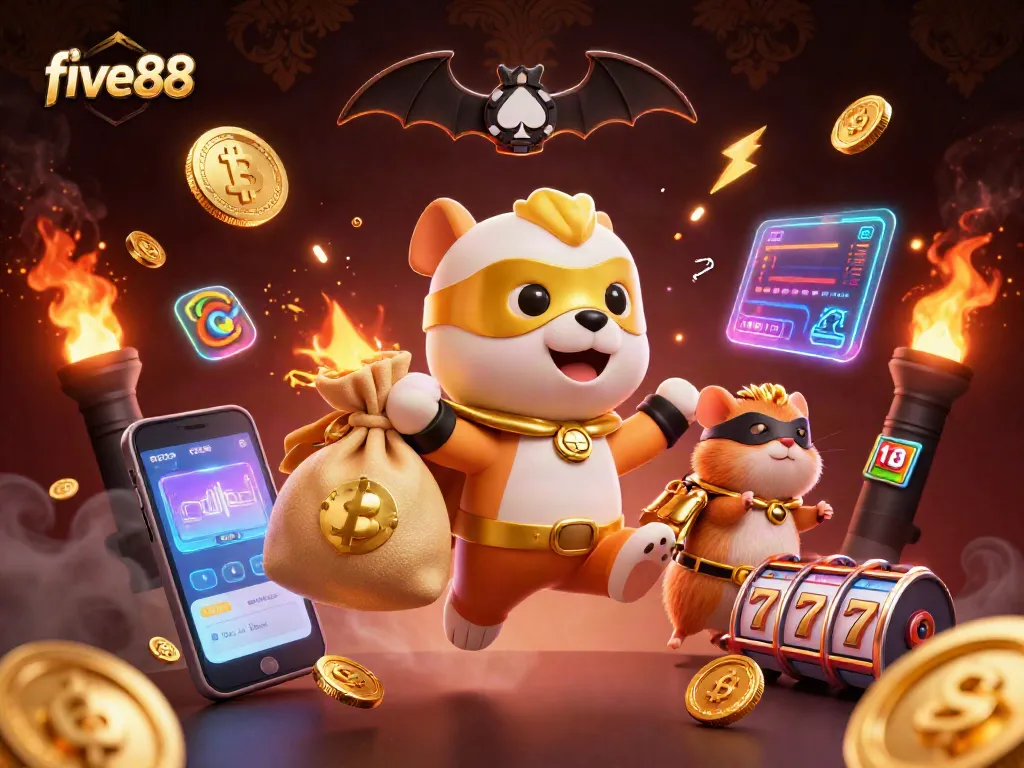 Experience winning with five88 in this vibrant casino scene featuring exciting games and characters.