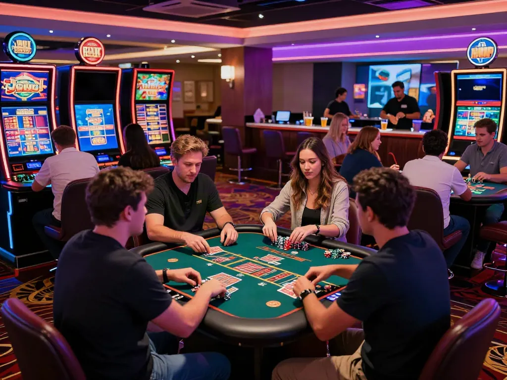 Engaging scene of players at an online casino not on Gamstop, enjoying table games in a vibrant atmosphere.