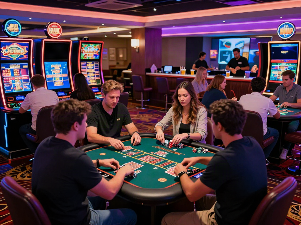 Engaging scene of players at an online casino not on Gamstop, enjoying table games in a vibrant atmosphere.