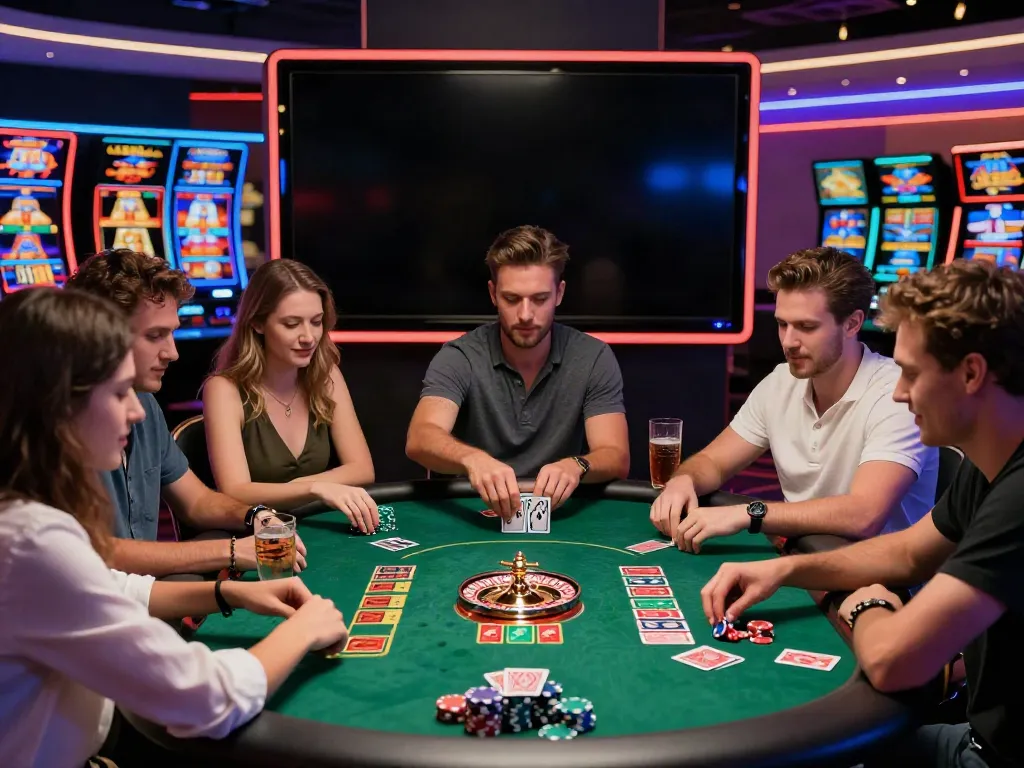 Exciting gaming atmosphere at an online casino not on gamstop with friends enjoying card games and vibrant lights.