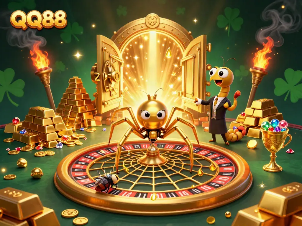 Engaging QQ88 illustration showcasing a golden spider and centipede croupier at a roulette wheel.