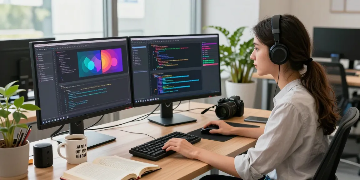 Female developer coding with juicy ai technology in a modern workspace.