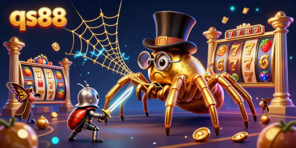 Join the action at qs88's vibrant casino, featuring a giant golden tarantula and beetle knight in a dynamic gambling scene.