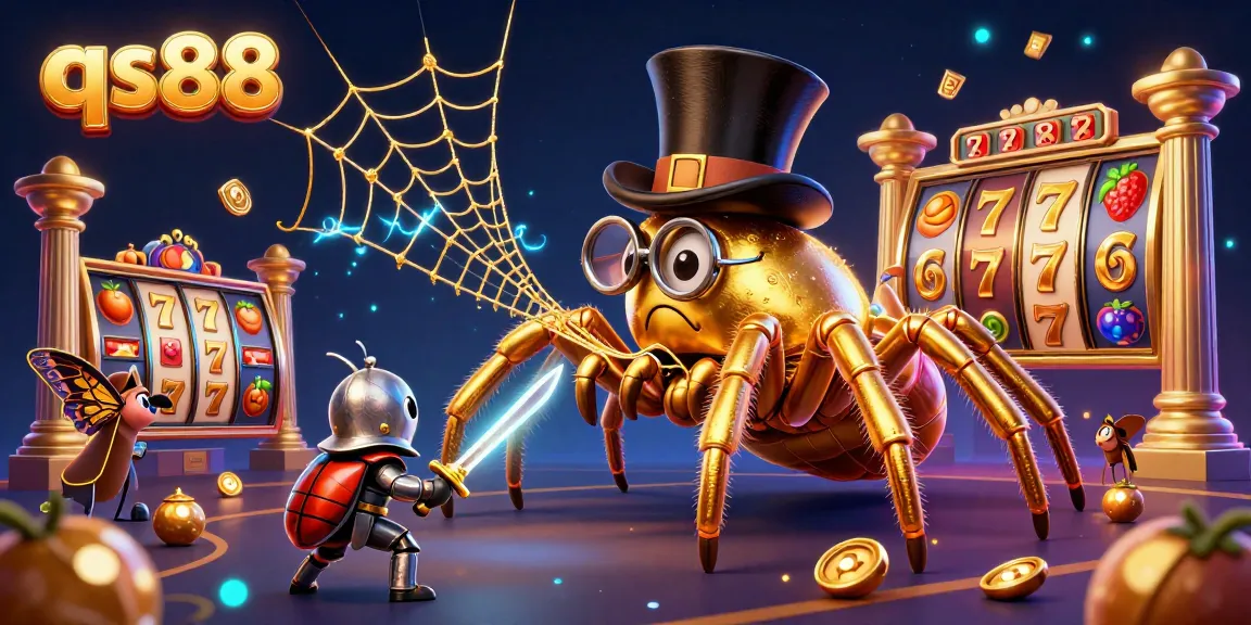 Join the action at qs88's vibrant casino, featuring a giant golden tarantula and beetle knight in a dynamic gambling scene.
