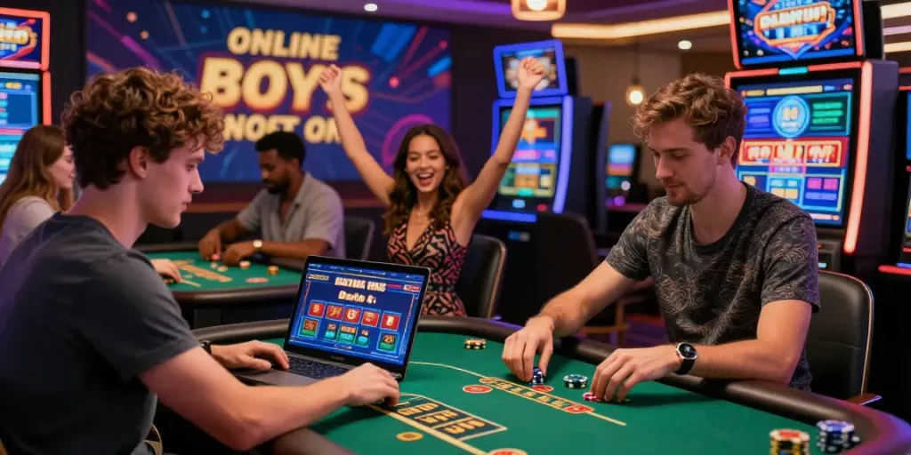 Players enjoying the excitement of an online casino not on GamStop from their devices, celebrating wins.