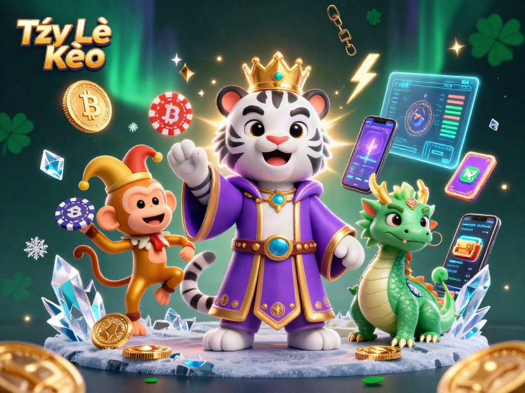 Experience Tỷ Lệ Kèo with an engaging scene of a cartoon white tiger, gold monkey, and jade dragon showcasing dynamic gaming elements.