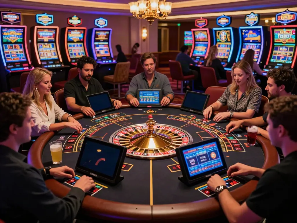 Online casino not on gamstop gaming area with diverse players enjoying games in a luxurious setting