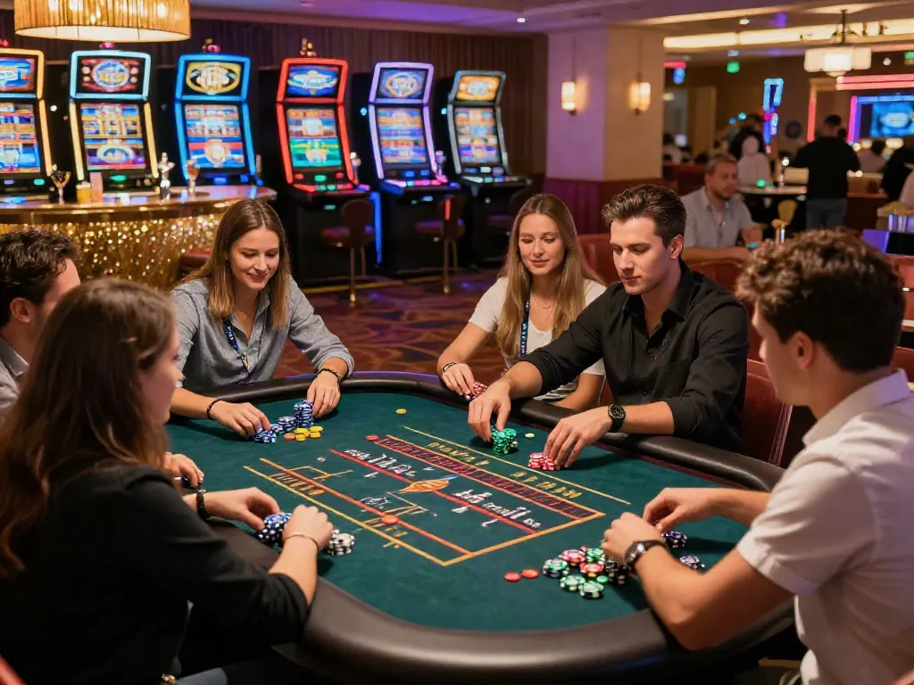Exciting scene at an online casino not on gamstop with players at a roulette table and vibrant decor.