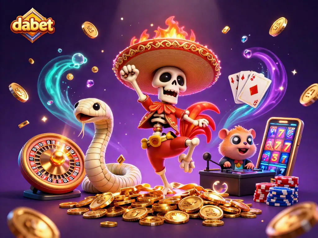 Experience gaming excitement with dabet featuring a dynamic dance on golden coins with colorful casino elements.