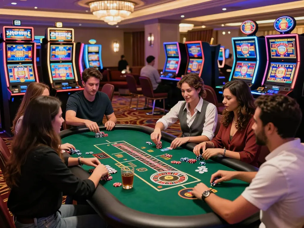 Diverse players enjoying the thrill of an online casino not on Gamstop, celebrating wins and engaging in games.