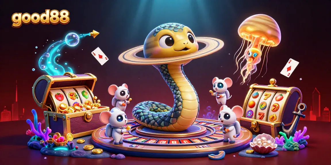 Engage with good88's vibrant cosmic casino scene featuring a Saturn ring snake and playful astronaut mice.