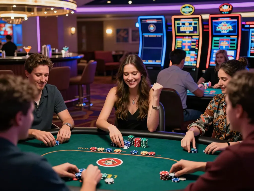 Players enjoying their time at an online casino not on gamstop, celebrating wins at poker and slots in a lively atmosphere.