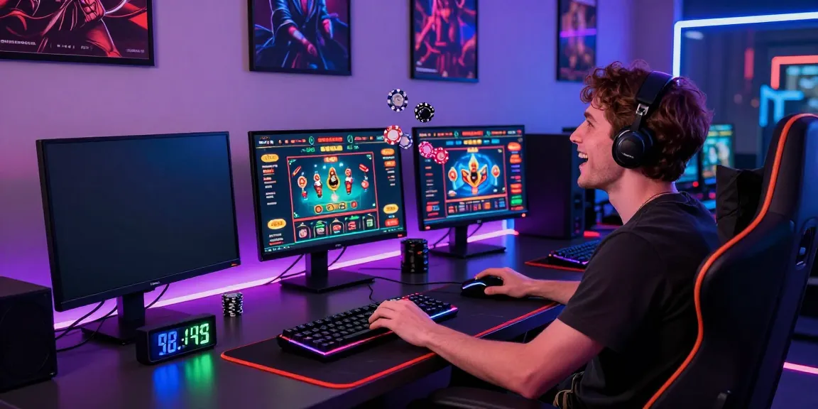 Excited gamer engaging at an online casino not on gamstop with vibrant gaming setup.