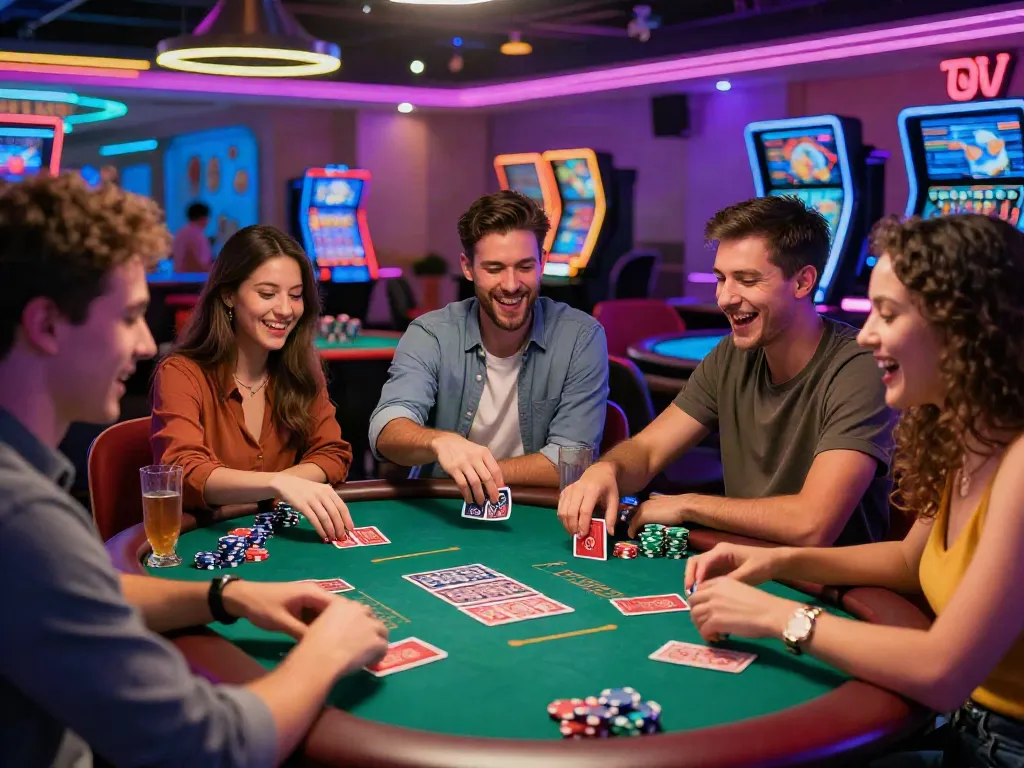 Group of friends enjoying an online casino not on gamstop night with excitement and vibrant decor.
