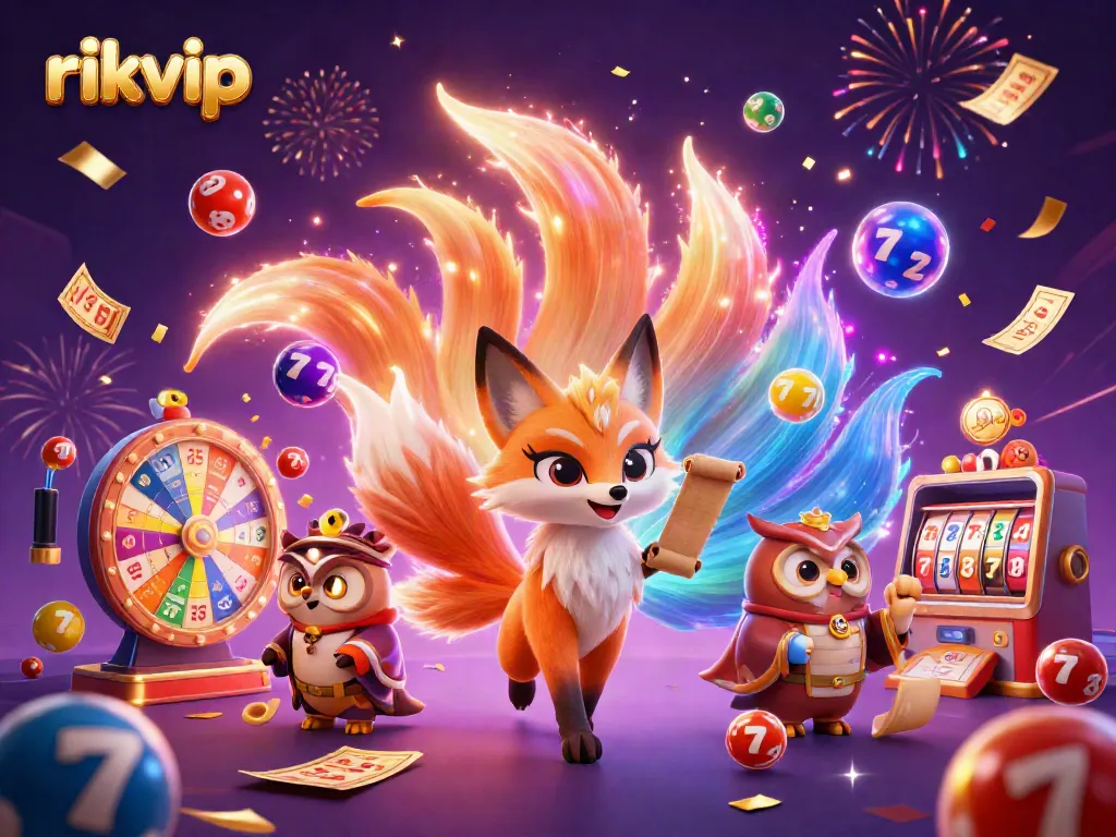 Engage in the vibrant world of rikvip with a nine-tailed fox and owl amidst exciting lottery elements.