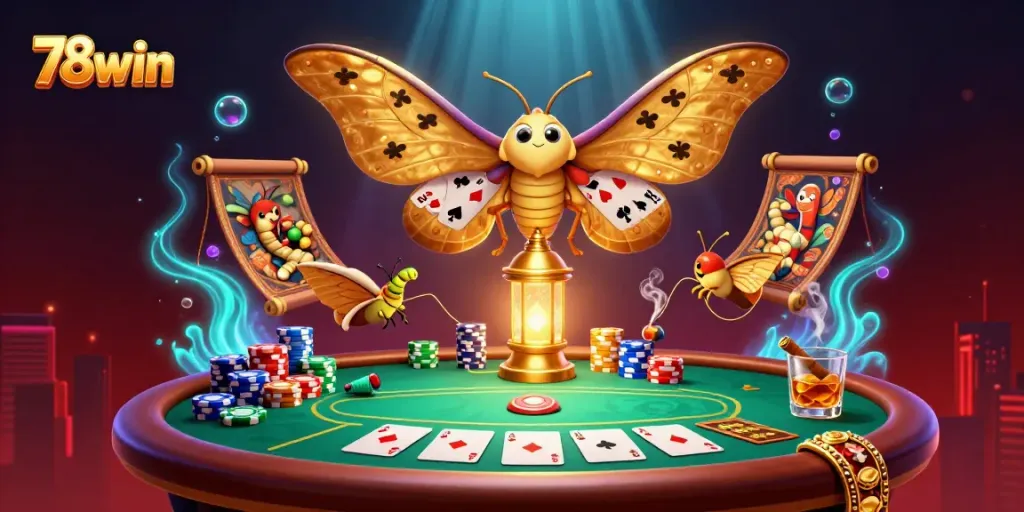 78win showcases a vibrant casino scene with a golden-winged moth amidst poker elements.
