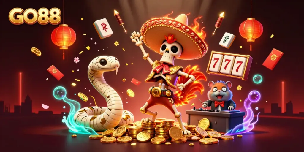 GO88 characters celebrate with slot reels and golden coins in an exciting casino scene.