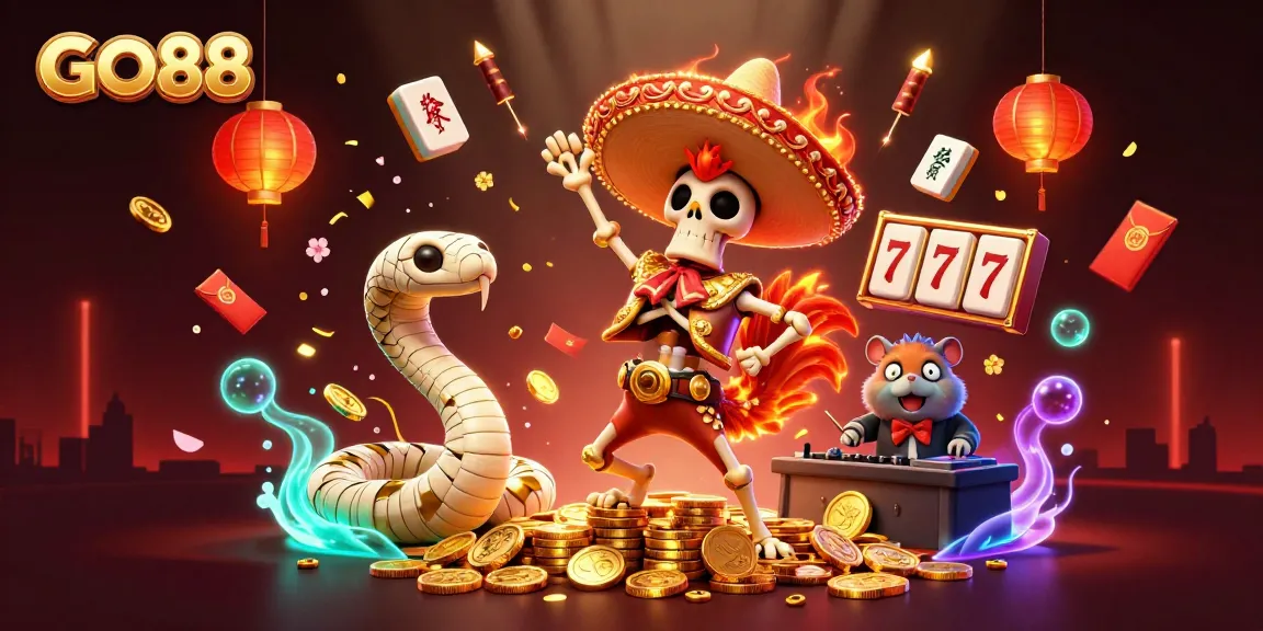 GO88 characters celebrate with slot reels and golden coins in an exciting casino scene.