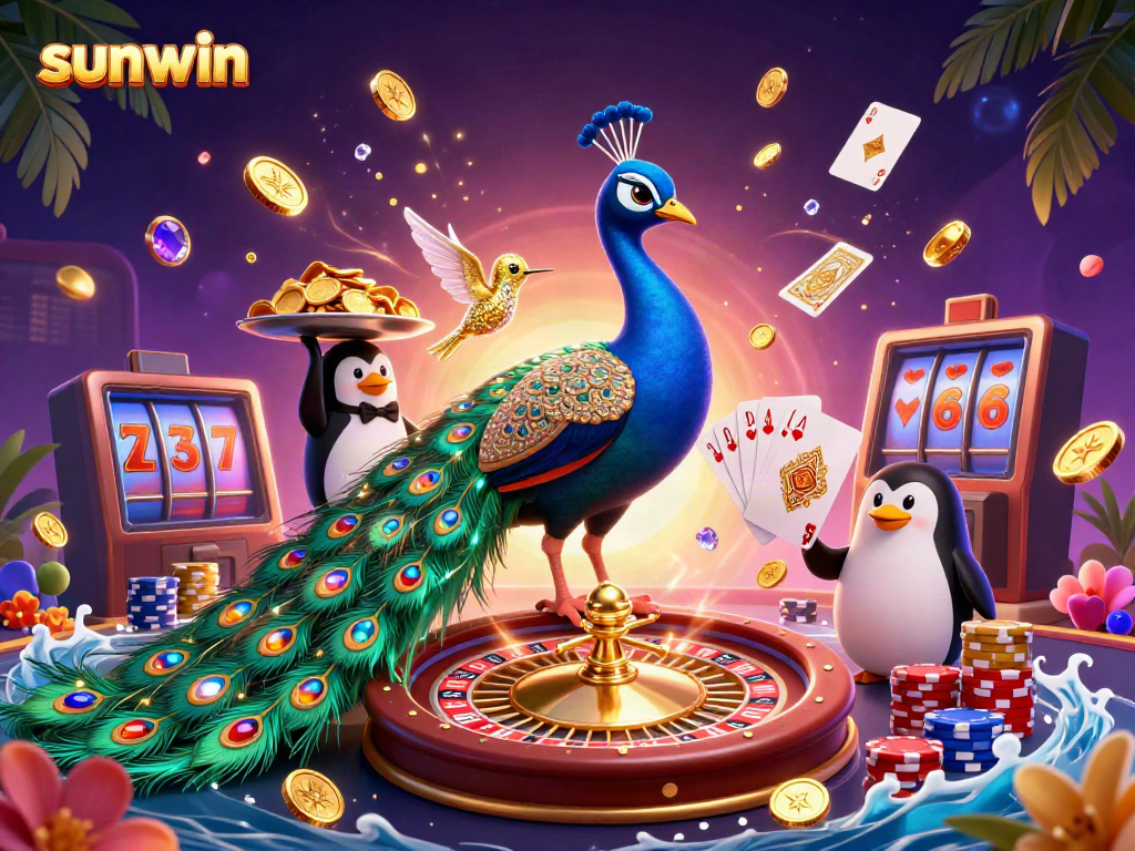 Experience sunwin's excitement with an aristocratic peacock and vibrant casino elements in this dynamic 3D illustration.