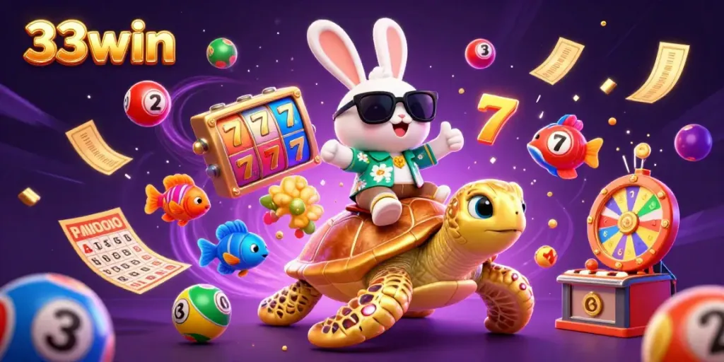 33win promotes an exciting casino experience with a lucky rabbit and a golden sea turtle surrounded by vibrant gaming elements.