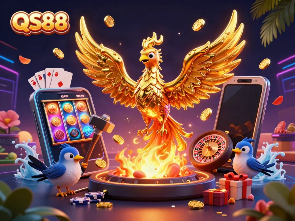 Experience the thrill of QS88's gaming universe with a molten phoenix, vibrant slots, and casino excitement.