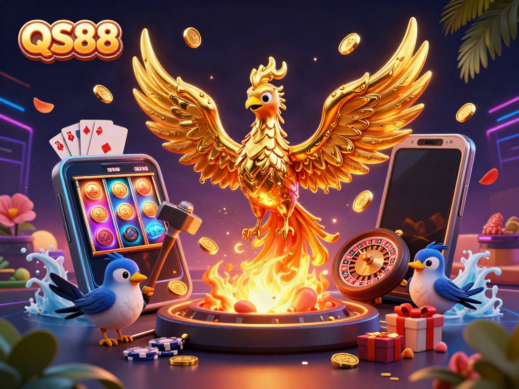 Experience the thrill of QS88's gaming universe with a molten phoenix, vibrant slots, and casino excitement.