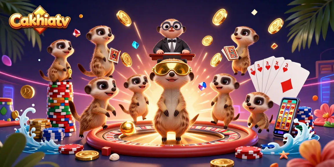 Cakhiatv presents a vibrant scene with cartoon meerkats running a casino operation, featuring dazzling coins and gaming elements.