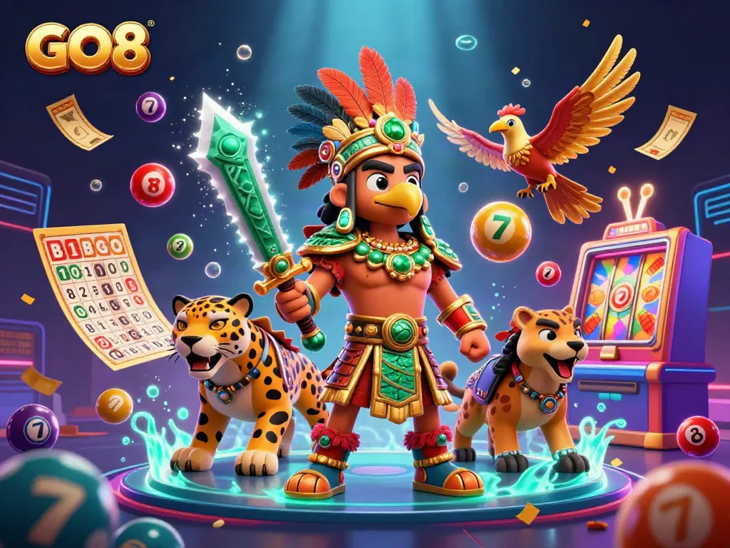 Experience thrilling casino adventures with GO8 in an epic illustration featuring dynamic characters and vibrant gaming elements.
