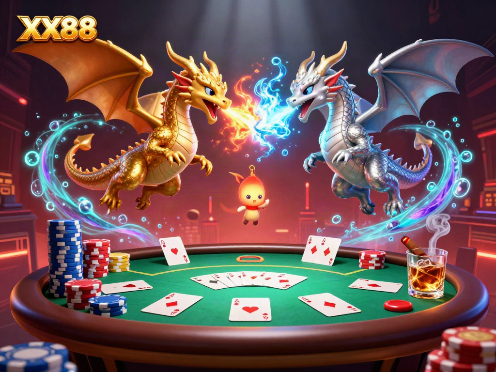 Experience dynamic gaming action with XX88, featuring battling dragons in a lively casino setting.